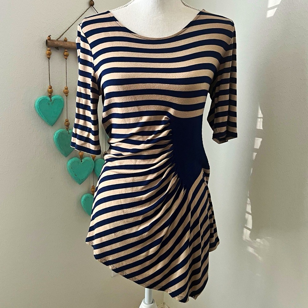 Dressbarn navy blue beige striped 3/4 sleeve tunic top fitted shirred M